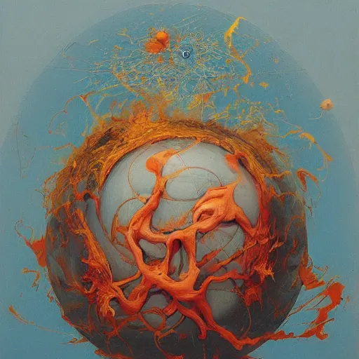 Prompt: a sphere being devoured by abstract splatters of paint in the style of francis bacon, venus being engulfed in flames in the style of james jean, pascal blanche, surreal, beksinski, high detailed