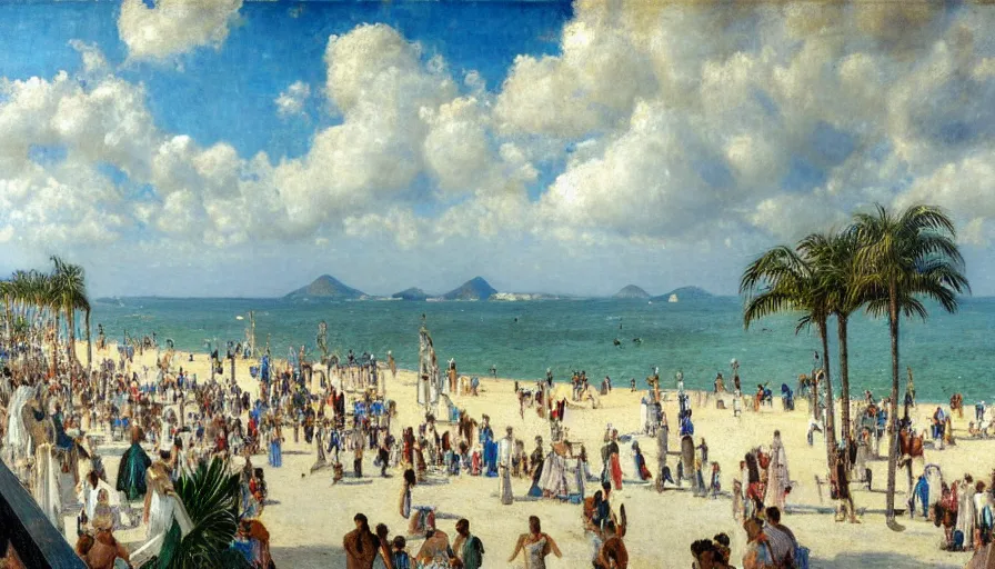 Prompt: a ultradetailed beautiful painting of the thunder sky of the rio de janeiro palace balustrade designed by jules bastien - lepage, tarsila do amaral, frank weston and gustave baumann, beach, trending on artstation, mediterranean, palm trees, sharp focus, giant greek columns, soft light, 8 k 4 k