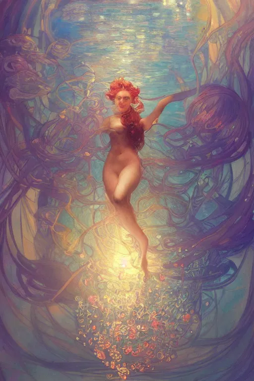 Image similar to a beautiful painting of a cylindrical aquarium with lots of jellyfish, ray of light, shimmering and prismatic, rococo, by krenz cushart and mucha and monet, trending on artstation.