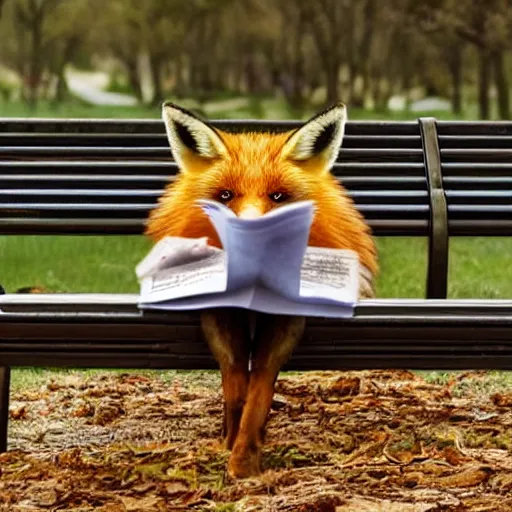 Prompt: a fox in a trench coat reading a newspaper on a park bench, photorealistic,