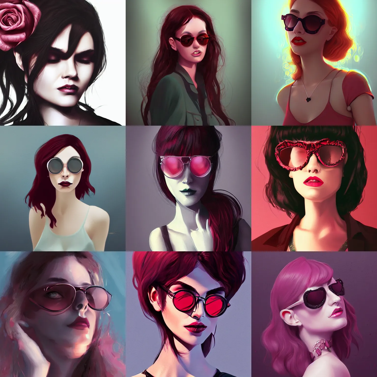 Prompt: Woman with rose tinted glasses, dark, menacing, artstation, digital art