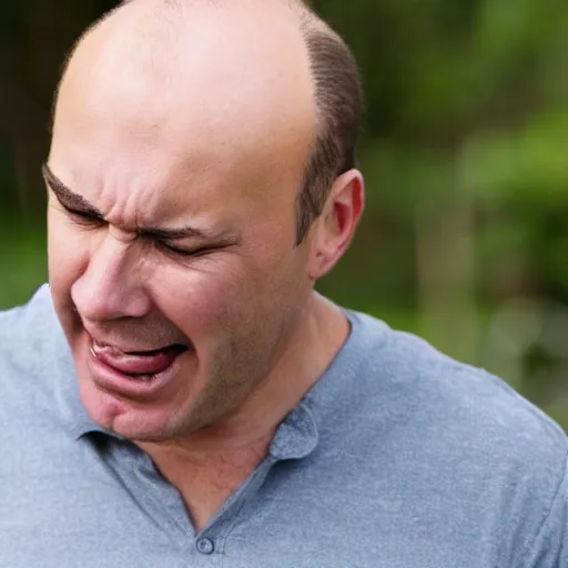 Image similar to a balding middle aged man crying