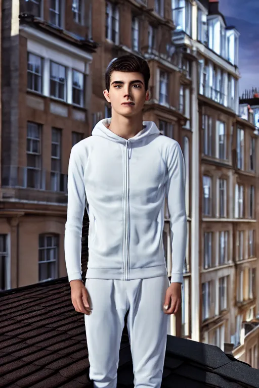 Image similar to un ultra high definition studio quality photographic art portrait of a young man standing on the rooftop of a british apartment building wearing soft padded silver pearlescent clothing. three point light. extremely detailed. golden ratio, ray tracing, volumetric light, shallow depth of field. set dressed.