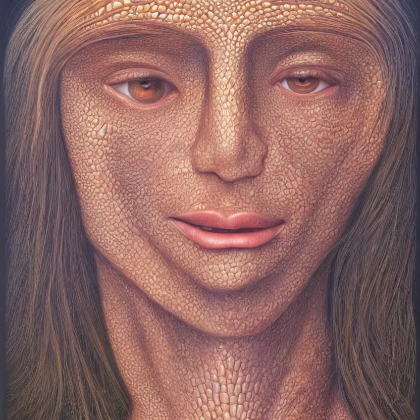 Prompt: perfectly centered portrait front view of a beautiful mushroom goddess, flowing hair, intense stare, sweet smile, symmetrical, volumetric shadows and lighting, realistic oil painting by alex grey,