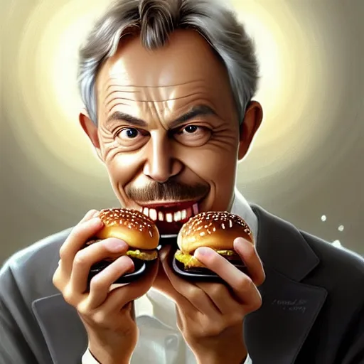 Image similar to portrait of Tony Blair eating hamburgers, extra onions and ketchup, luscious patty with sesame seeds, feminine ethereal, handsome, D&D, fantasy, intricate, elegant, highly detailed, digital painting, artstation, concept art, matte, sharp focus, illustration, art by Artgerm and Greg Rutkowski and Alphonse Mucha