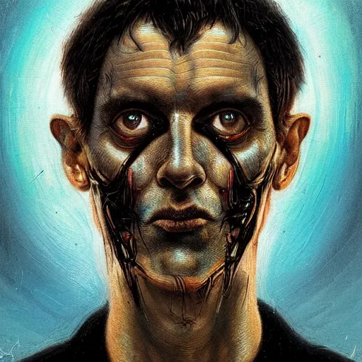 Image similar to surreal portrait of a man by Greg Rutkowski, symmetrical face, he is about 50 years old, short black hair with bangs, his features are a mix between French, Turkish and Russian, transformed into a kind of biomechanical transhuman god, blue glowing eyes, expression of epiphany and determination, cosmic void background, frightening, fascinating, highly detailed portrait, digital painting, book cover, artstation, concept art, smooth, sharp foccus ilustration, Artstation HQ