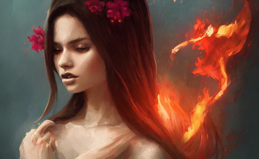 Prompt: a painting of jasmine trending on artstation in the style of greg rutkowski, beautiful, sensual, flower, portrait, adorable, alter, hell, fire hair, fire