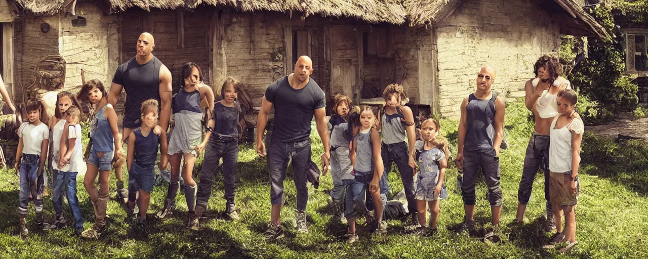 Image similar to closeup photo of vin diesel and his 6 children, sunny day, village house, pastoral, happy, cinematic, art by jan urschel and neil blevins