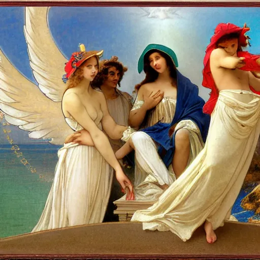 Image similar to Angels with jester hats and clothes forming a circle on the front of a Balustrade with a beach and a sail boat on the background, major arcana cards, by paul delaroche, alphonse mucha and arnold böcklin arnold böcklin hyperrealistic 8k, very detailed