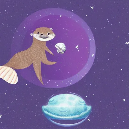 Prompt: An otter floating in space. The space is purple has a lot of stars and a galaxy in the background. The otter has an astronaut helmet. The otter is curled up and holds a bubble with a seashell inside in his hands. Photorealistic.