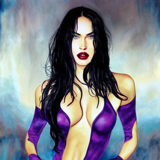 Image similar to megan fox as a vampire, silk, painting