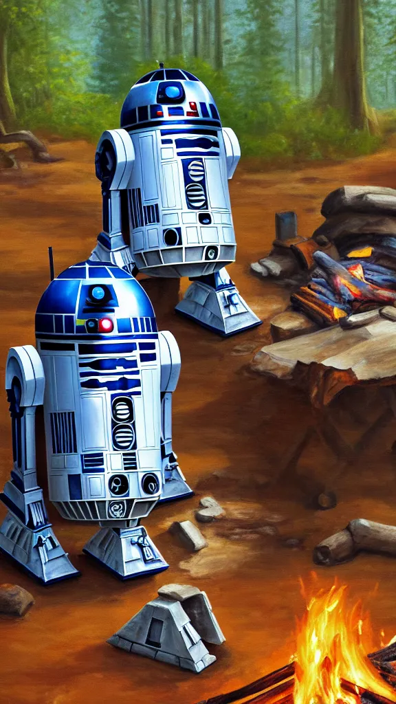 Image similar to an oil painting of r 2 - d 2 sitting by the fire at the ewok encampment, surrounded by ewoks. color harmony, 8 k detail, gallery quality, hd wallpaper, premium prints available, hyper - detailed, intricate design.