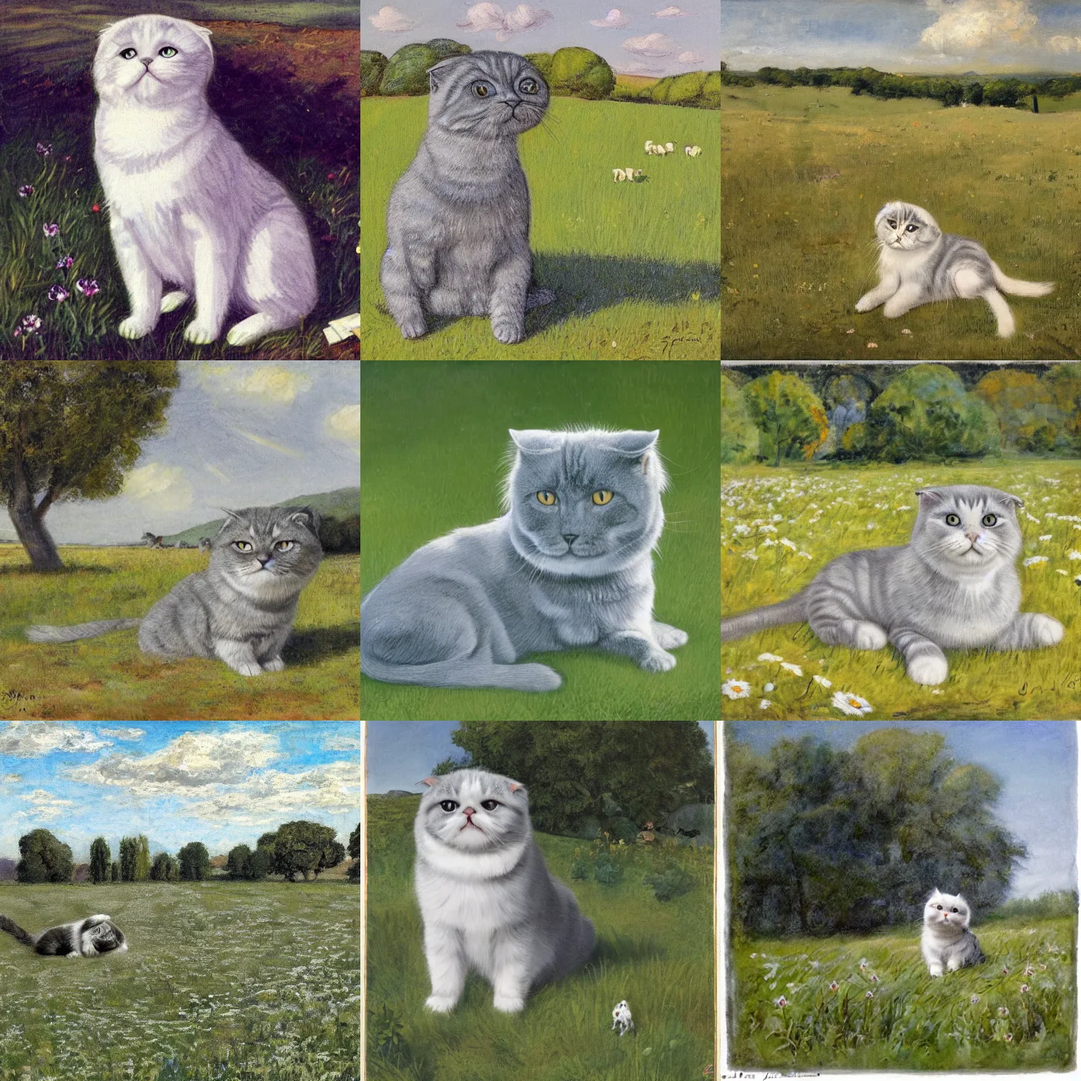 Prompt: a gray scottish fold sitting in the middle of sunny meadow, by john perceval