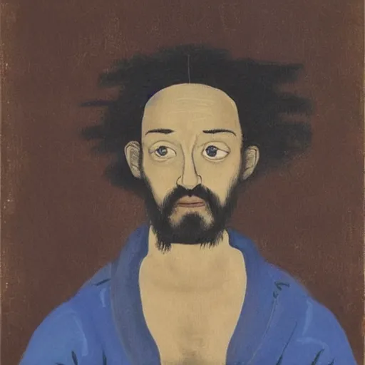 Image similar to A beautiful painting of a self-portrait of the artist. He is shown with his head turned to the left, looking at the viewer. His hair is wild and his eyes are wide open. His right hand is raised, as if he is pointing at something. caput mortuum, cyanotype, avant-garde by Fenghua Zhong, by Hajime Sorayama