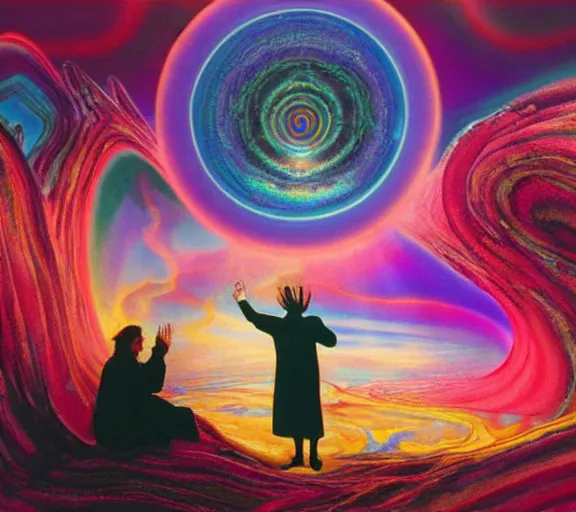 Prompt: God overlooking the creation of a psychedelic surrealist landscape