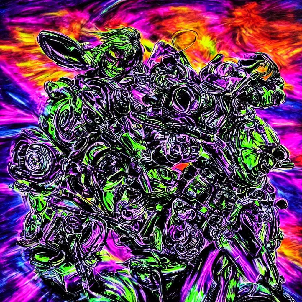 Image similar to psychedelic blacklight airbrush artwork, hyper stylized action shot of an orc biker riding a motorcycle, airbrushed on a black background