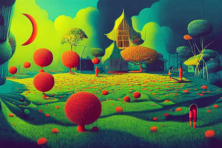 Prompt: surreal glimpse into other universe, kok samui, summer morning, very coherent and colorful high contrast, art by!!!! gediminas pranckevicius!!!!, geof darrow, floralpunk screen printing woodblock, dark shadows, hard lighting, stipple brush technique,