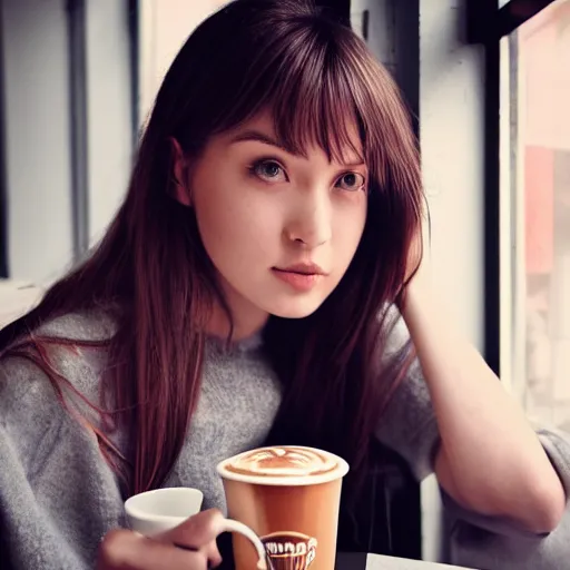 Prompt: dslr photo of a pretty 2 2 year old girl, sitting at a table in a coffee shop across the room, next to a window, drinking a strawberry iced latte at dusk, artgerm, artstation, very high quality face, intricate details, extremely high quality, moody lighting, real camera 8 k