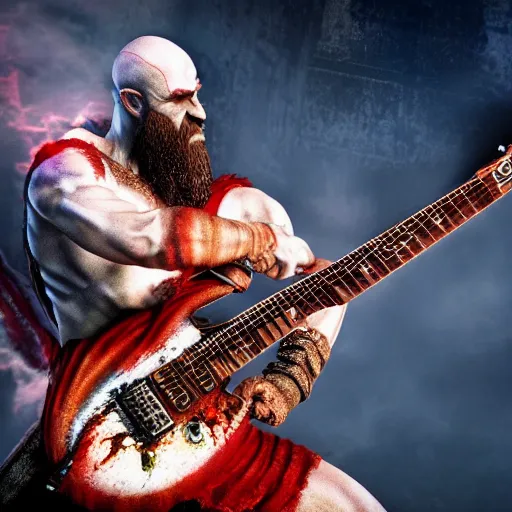 Prompt: kratos shredding on a flaming stratocaster guitar, cinematic render, god of war 2 0 1 8, santa monica studio official media, lightning, spartan rage, head turned