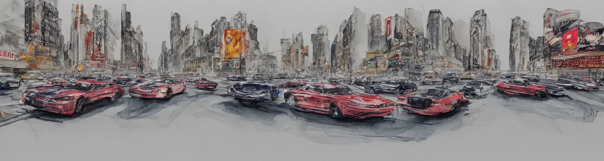 Prompt: a detailed watercolor sketch of cars racing in new york city