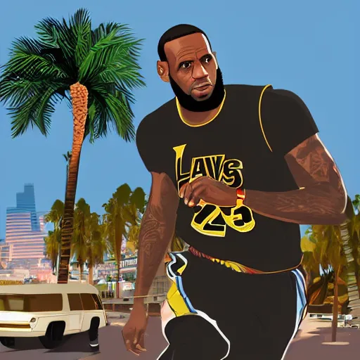 Image similar to Lebron James in GTA V . Los Santos in background, palm trees. in the art style of Stephen Bliss