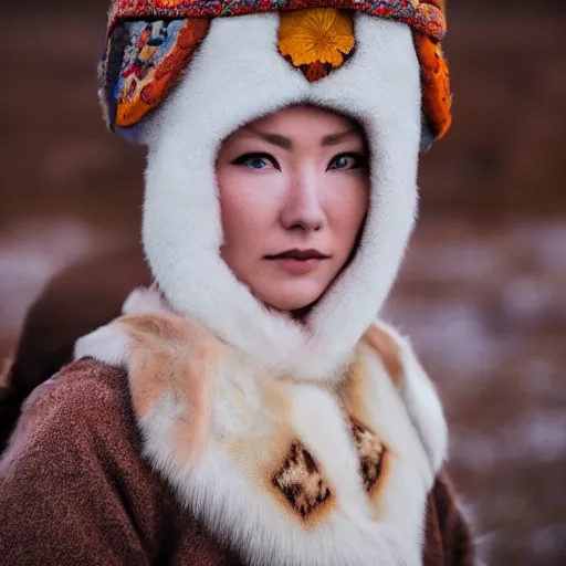 Image similar to portrait photograph shot on petzval lens of an extremely beautiful!!!! young blonde female with symmetric face posing. with a very detailed barn owl!!!!! on her shoulder. wearing mongolian traditional outfit in iceland. shallow depth of field. featured on flickr, art photography,