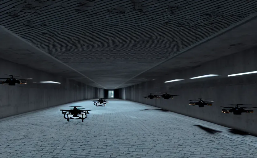 Image similar to Black military quadcopters swarm the wide hallways in a futuristic prison underground, brutalist liminal architecture, sigma 85mm f/1.4, 4k, unreal engine, concept art, trending on artstation, depth of field, high resolution, 4k, 8k, hd, full color