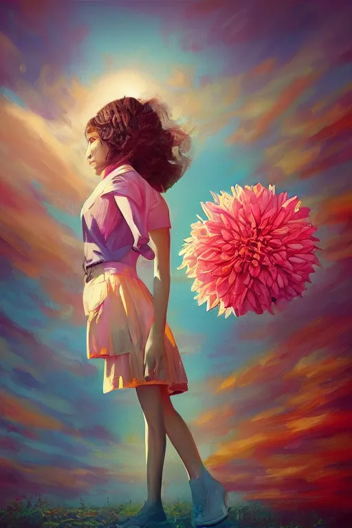 Image similar to closeup giant dahlia flower head, girl in a suit on a street, surreal photography, blue sky, sunrise, dramatic light, impressionist painting, digital painting, artstation, simon stalenhag