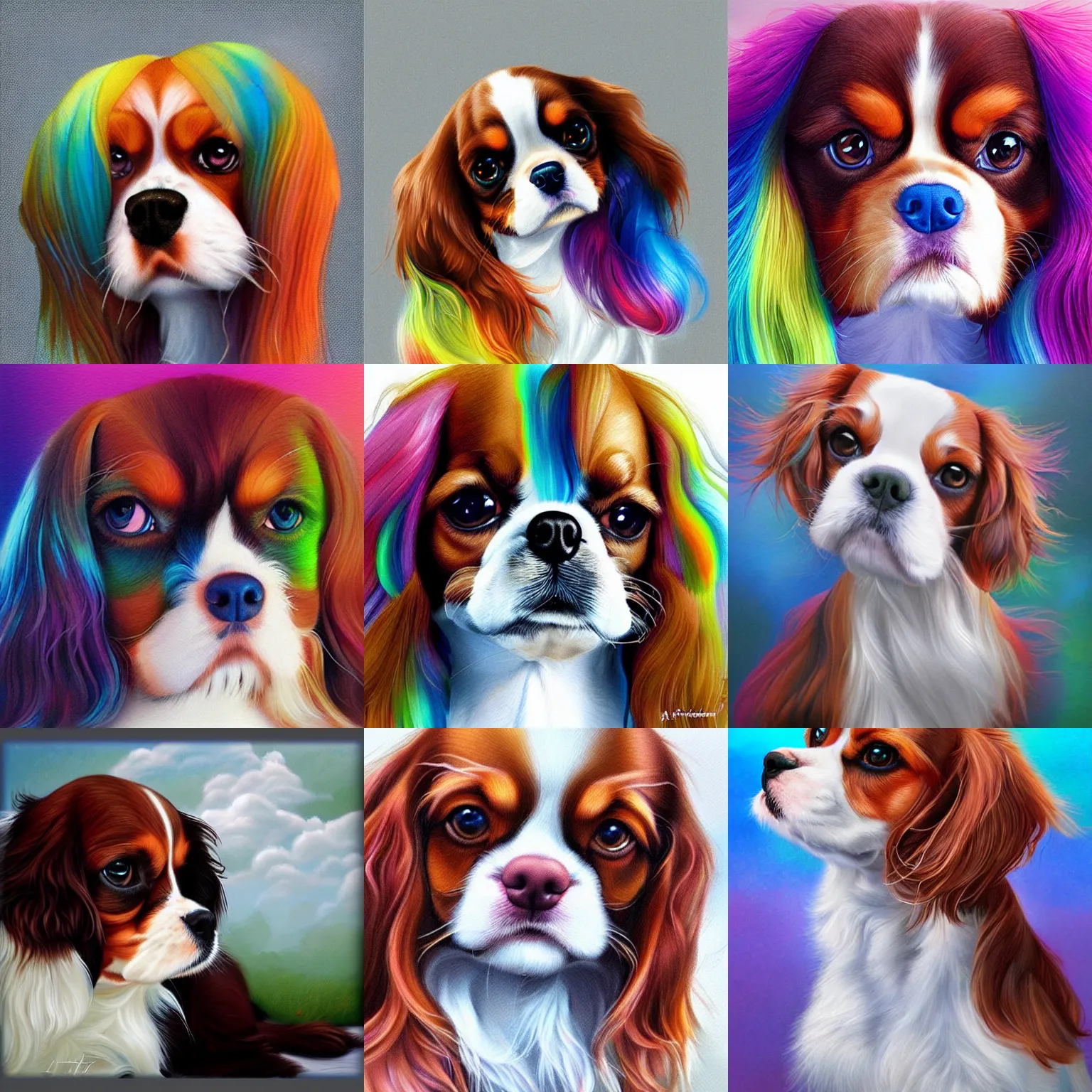 Prompt: cavalier king charles spaniel, rainbow fur, dream whimsical clouds, art by artgerm