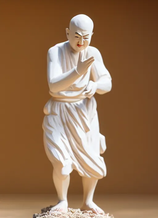 Image similar to still wooden figurine of monk wearing a white shorts, personification, dynamic pose, detailed product photo, 8 k, 8 5 mm, f. 1 4, beautiful composition