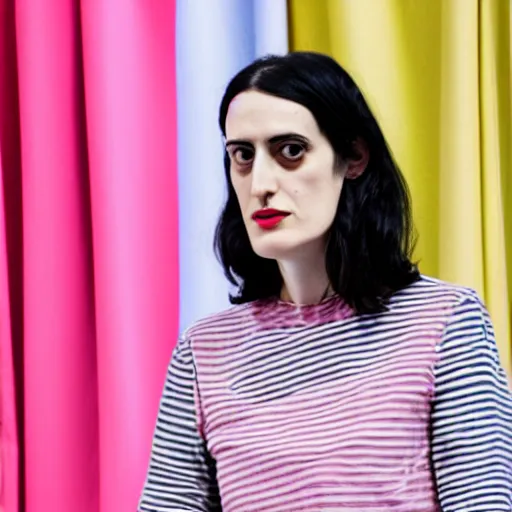 Prompt: design curator beatrice galilee wearing a striped top presenting at a lectern in front of pink curtains, 8 k photorealistic