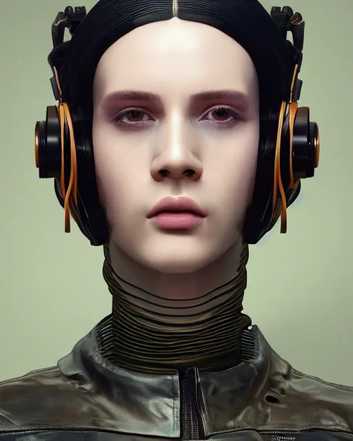 Prompt: highly detailed portrait of androgynous girl wearing cyborg bakelite and leather radio jacket, by hsiao - ron cheng and artgerm, blade runner 2 0 4 9, scorched earth, cassette futurism, modular synthesizer helmet, the grand budapest hotel, glow, no crop, digital art, artstation, pop art