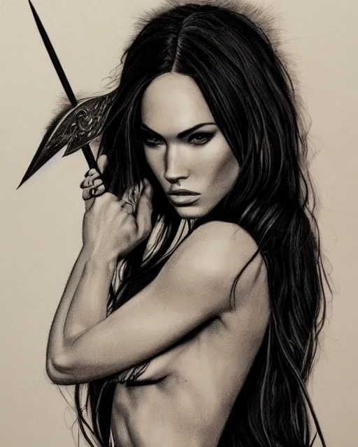 Image similar to pencil drawing of beautiful megan fox as greek goddess aphrodite, archer warrior, sagittarius tattoo, beautiful piercing eyes, flowing blonde hair, realistic face, hyper realistic, in the style of greg rutkowski, fantasy, amazing detail, epic, intricate, elegant, smooth, sharp focus