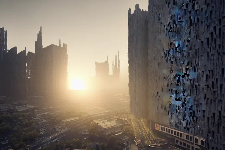 Image similar to streetscape, a towering cathedral of brutalist architecture, buildings covered with greebles, stunning volumetric light, sunset, metal, concrete and translucent material, stunning skies, majestic landscape, trending on Artstation, 8k, photorealistic, hyper detailed, unreal engine 5, IMAX quality, cinematic, epic lighting, in the style of Greg Rutkowski