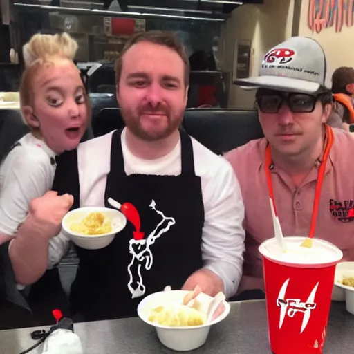 Prompt: the ghostbuster crew eating at kfc