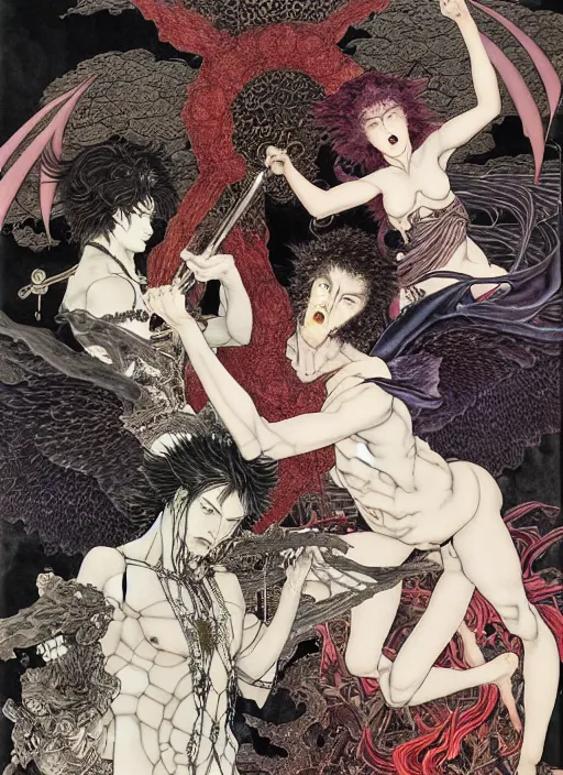 Image similar to battle between good and evil , battle between angels and demons, by and Austin Osman Spare and Takato Yamamoto and Yoshitaka Amano, high resolution, ultra detailed