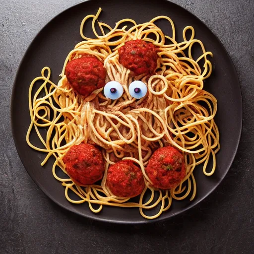 Image similar to octopus with spaghetti as its tentacles, and a meatball as its body