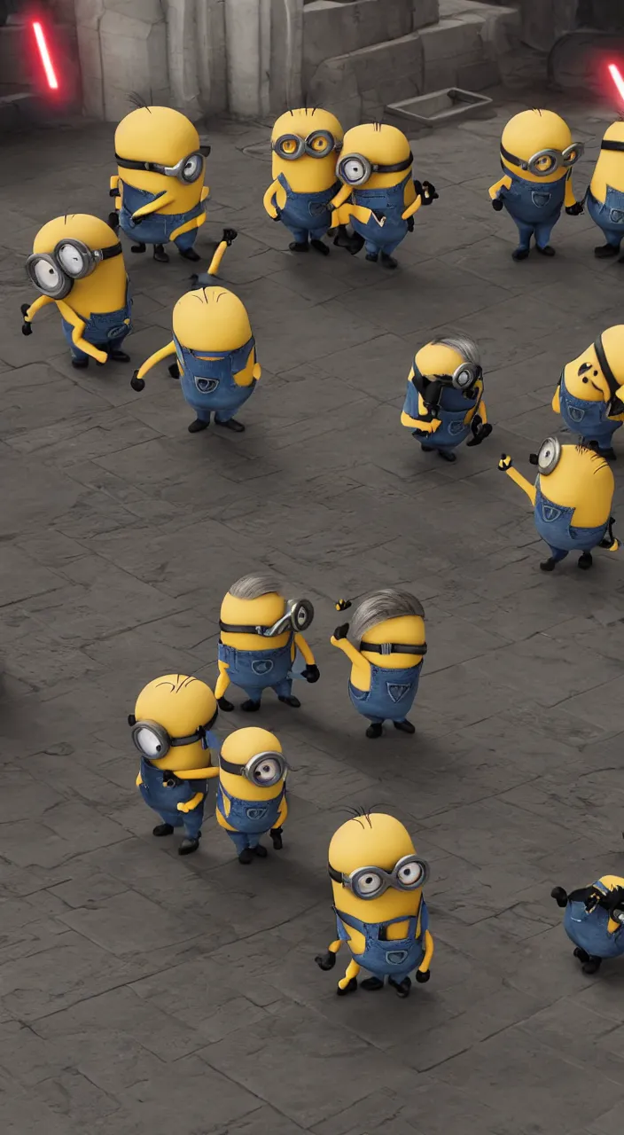 Image similar to minions fight darth vader, super realistic, super detailed, high octane, photorealistic, rendering 8 k, 8 k octane, unreal engine,