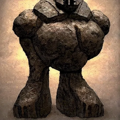 Prompt: Golem made from iron and a head shaped like a 4 sided dice. Dark Fantasy, mork borg ,concept art