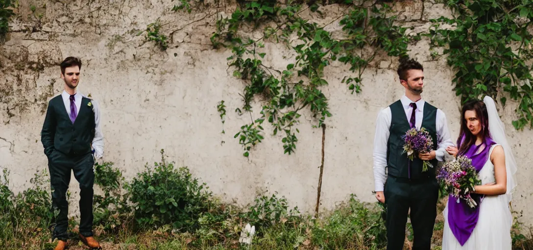 Prompt: modern wedding photography. rustic bohemian. young couple. purple and green. woodsy, old church, flowers.