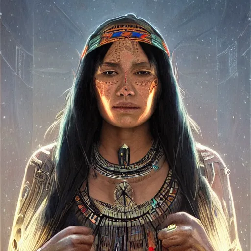 Image similar to A native american Ruler, facial tattoos, techwear, artists portrait, futuristic, fantasy, highly detailed, digital painting, concept art, sharp focus, depth of field blur, illustration, art by artgerm and greg rutkowski and alphonse mucha