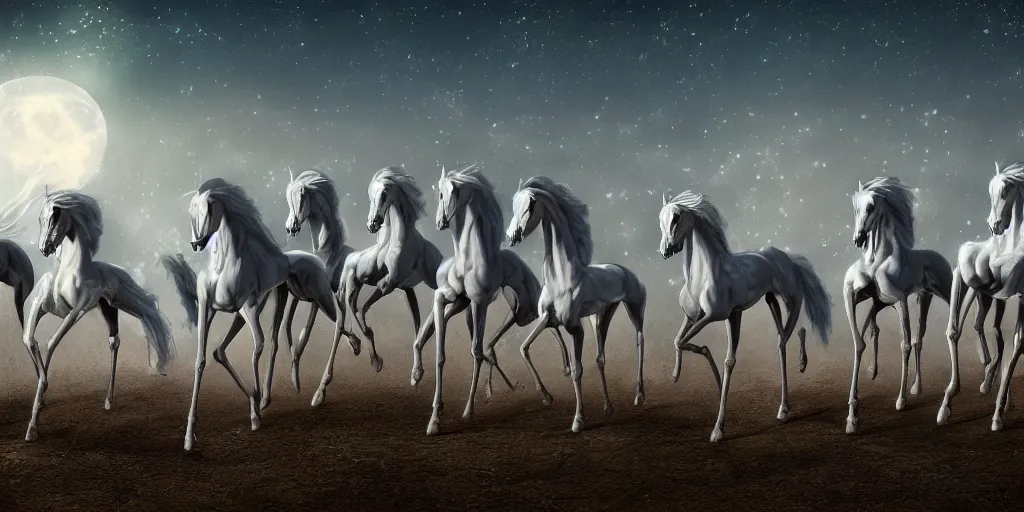 Prompt: a group of cyan spectral transparent ghost skeletal horses with ghastly knights fly overhead in the starry twilight sky, high detail, sharp, digital art