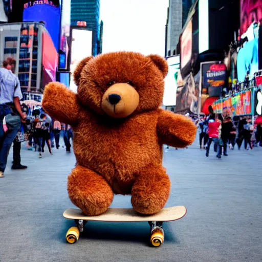 Image similar to A photo of a teddy bear on a skateboard in Times Square