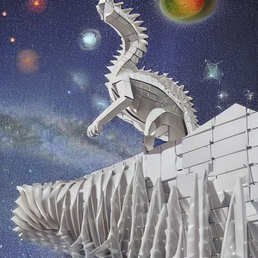 Image similar to accurate by peter eisenman, by sarah sze wisteria, cinematic lighting. a digital art of a dragon in space. the dragon is in the foreground with its mouth open rows of sharp teeth. coiled & ready to strike, its tail is wrapped around a star in the background. background is full of stars & galaxies.