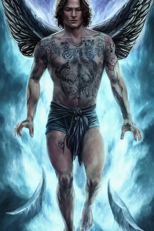 Image similar to handsome Sam Winchester as a muscular angel wings wide open whole body tattooed with runes and religious symbols, urban fantasy romance book cover, D&D!, fantasy style, sharp focus!, ultra detailed, art by Artgerm and Peter Andrew Jones, WLUP