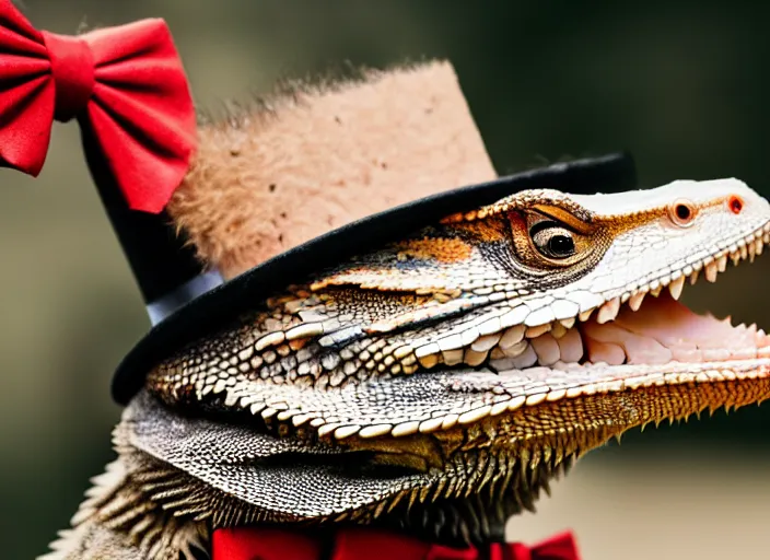 Image similar to dslr portrait still of a bearded dragon wearing a top hat and a red bowtie, 8 k 8 5 mm f 1. 4