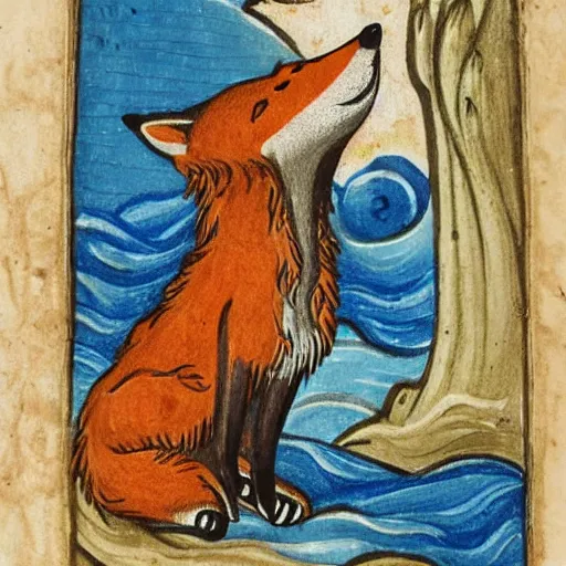 Prompt: anthropomorphic fox who is a medieval knight standing steadfast towards a stormy ocean, illuminated manuscript