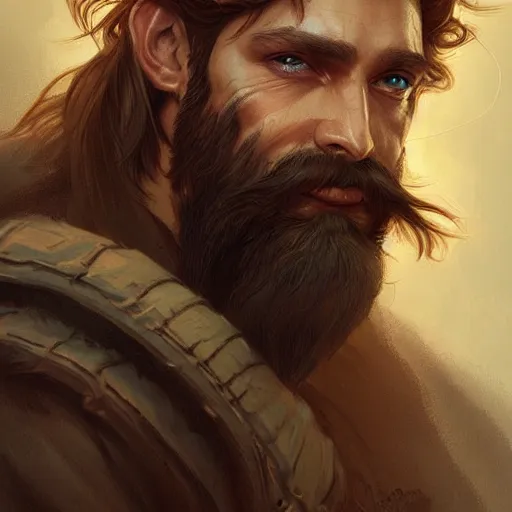 Image similar to Portrait of rugged male ranger, D&D, amber eyes, scars, long hair, long beard muscular, fantasy, intricate, elegant, highly detailed, digital painting, artstation, concept art, smooth, sharp focus, illustration, art by artgerm and greg rutkowski and alphonse mucha