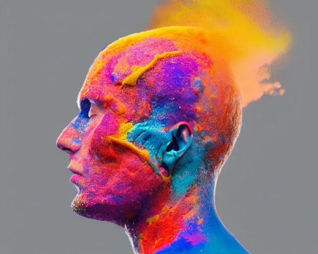 Prompt: a human head explodes into a huge mass of coloured powder, motion blur, hyperrealistic, medical, intricate art photography, anatomically correct, realistic crisp textures, 1 6 k