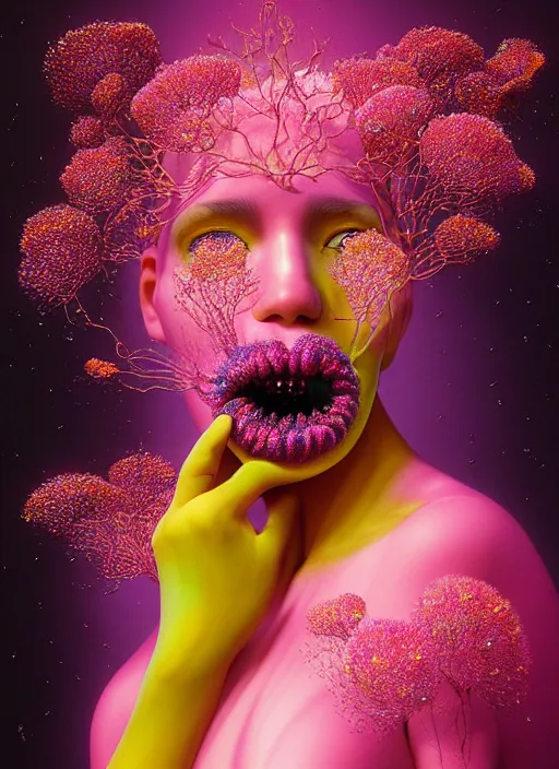 Image similar to hyper detailed 3d render like a Oil painting - Aurora (Singer) seen joyfully Eating of the Strangling network of yellowcake aerochrome and milky Fruit and Her delicate Hands hold of gossamer polyp blossoms bring iridescent fungal flowers whose spores black the foolish stars to her kawaii mouth by Jacek Yerka, Mariusz Lewandowski, Houdini algorithmic generative render, Abstract brush strokes, Masterpiece, Edward Hopper and James Gilleard, Zdzislaw Beksinski, Mark Ryden, Wolfgang Lettl, hints of Yayoi Kasuma, octane render, 8k